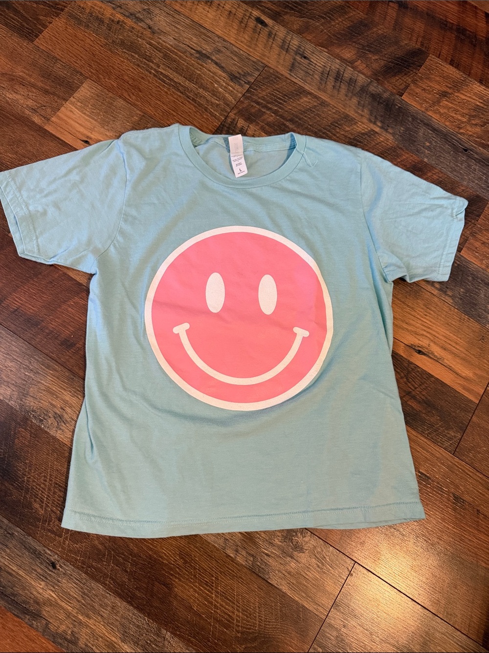 Tultex Light Blue Tee with Pink Smiley Graphic